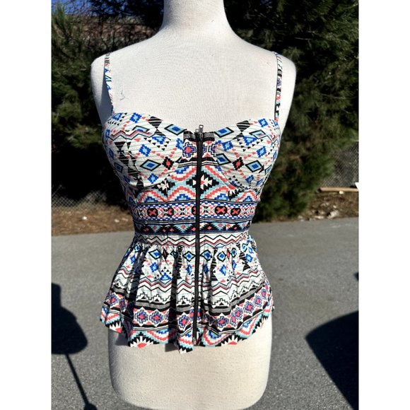 Forever 21 Top Medium Multicolor Tank Full Zip Sleeveless Western Rayon Womens - Picture 1 of 10